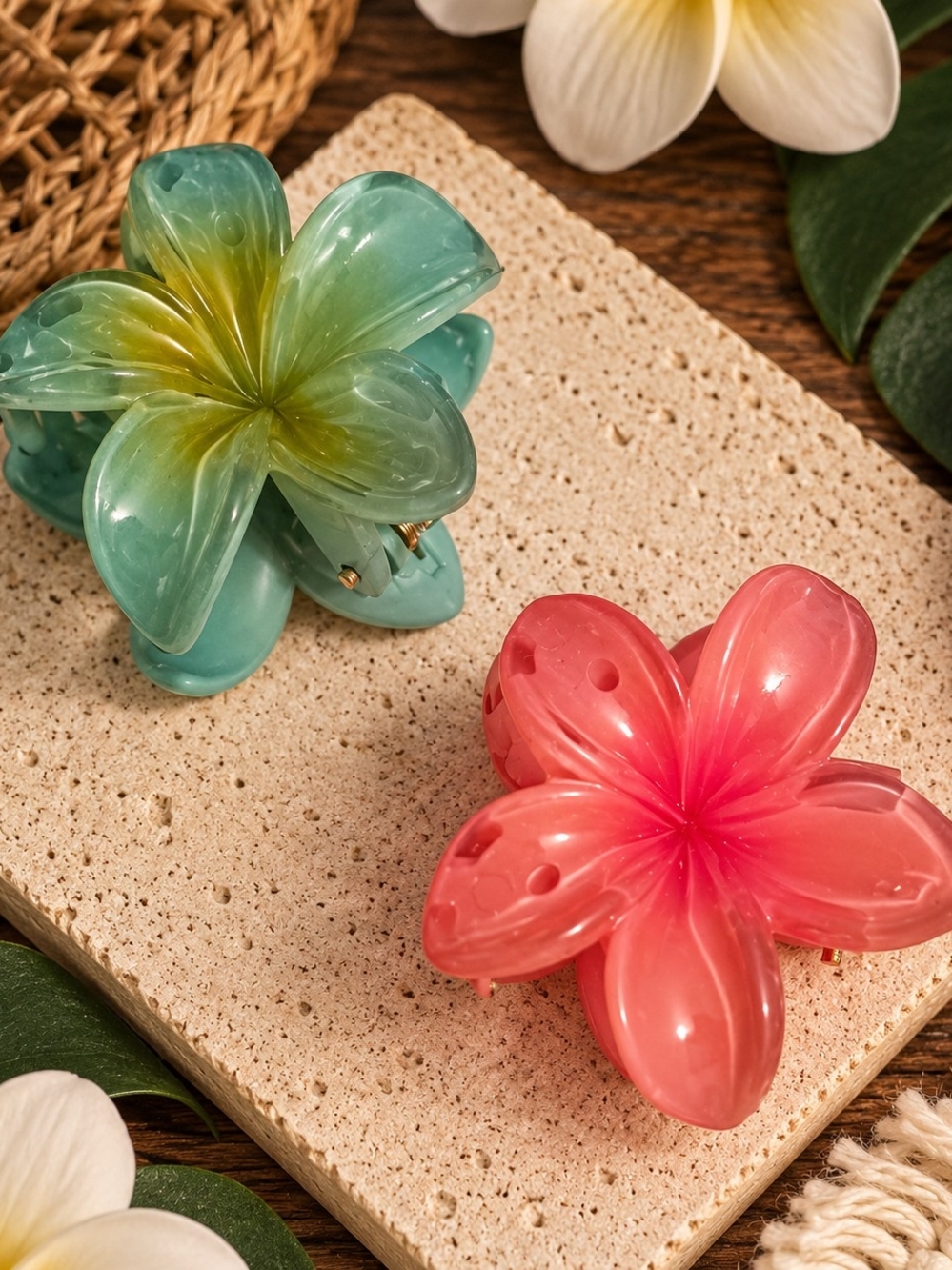 Floral Acrylic Hair Claw Clip Set — Turquoise & Coral New